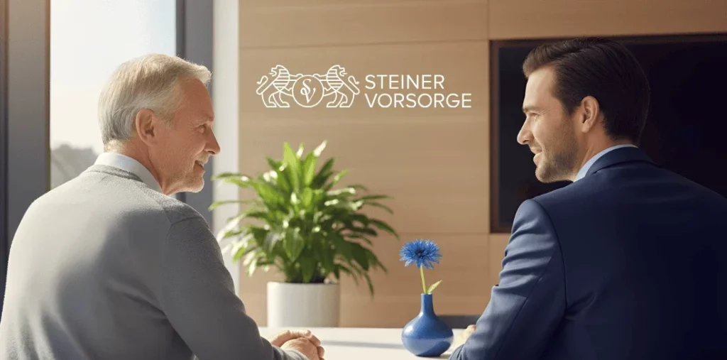 Zwei Männer – ein Senior und ein Berater – im Gespräch bei Steiner Vorsorge; im Hintergrund das Logo von Steiner Vorsorge. Die Szene symbolisiert das Thema [rechtliche vorsorge pflege] und zeigt die enge Zusammenarbeit zwischen der IAHA (International Association for Healthy Aging) und Steiner Vorsorge. Die Beratung schafft rechtliche Klarheit und unterstützt eine selbstbestimmte Pflege zu Hause.
